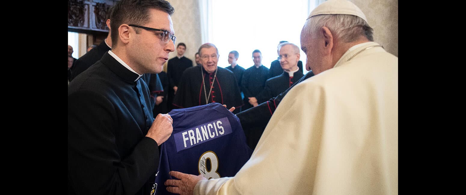 Baltimore delegation presents Ravens jersey, spiritual bouquet to Pope Francis