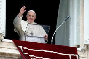 Pope Francis greets the crowd.