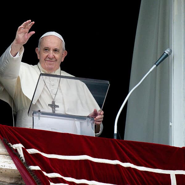 Pope Francis greets the crowd.