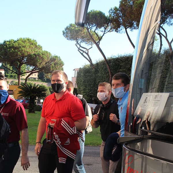 John-Paul Legare, a seminarian from the Archdiocese of Baltimore, Scott Fyall from the Diocese of Austin, Texas, Matthew Pohlman from the Archdiocese of Omaha and Stephen Jones from the Archdiocese of Oklahoma City arrive at the Pontifical North American College in Rome