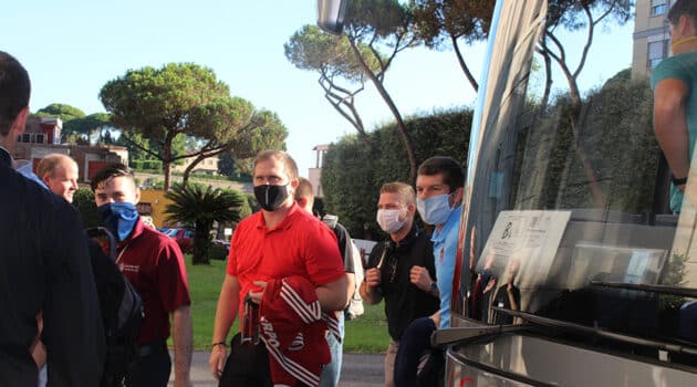 John-Paul Legare, a seminarian from the Archdiocese of Baltimore, Scott Fyall from the Diocese of Austin, Texas, Matthew Pohlman from the Archdiocese of Omaha and Stephen Jones from the Archdiocese of Oklahoma City arrive at the Pontifical North American College in Rome
