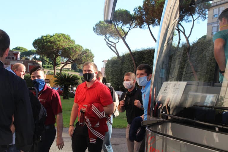 John-Paul Legare, a seminarian from the Archdiocese of Baltimore, Scott Fyall from the Diocese of Austin, Texas, Matthew Pohlman from the Archdiocese of Omaha and Stephen Jones from the Archdiocese of Oklahoma City arrive at the Pontifical North American College in Rome