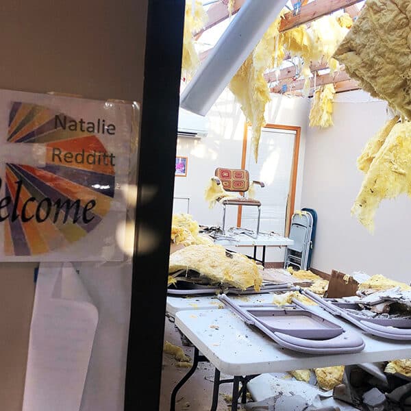 Damage from Hurricane Laura is seen in the religious education building of St. Pius X Parish in Ragley, La.