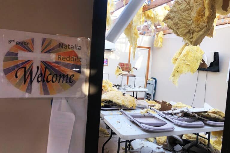Damage from Hurricane Laura is seen in the religious education building of St. Pius X Parish in Ragley, La.