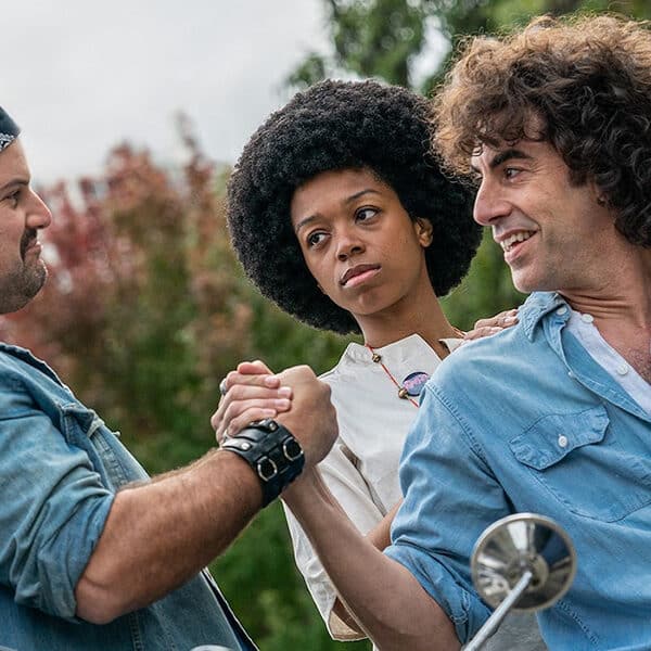 Sacha Baron Cohen (right) stars as Abbie Hoffman in The Trail of the Chicago 7.