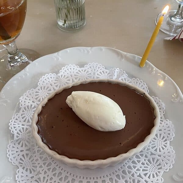 Plate of chocolate mousse on a doily
