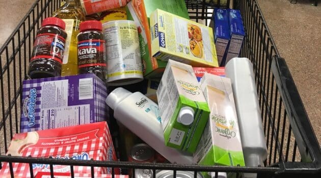 A shopping cart full of groceries