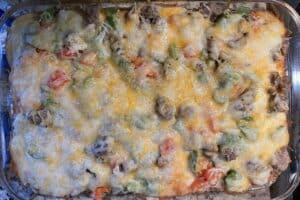 Pan of egg, sausage, peppers and cheese casserole