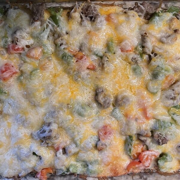 Pan of egg, sausage, peppers and cheese casserole