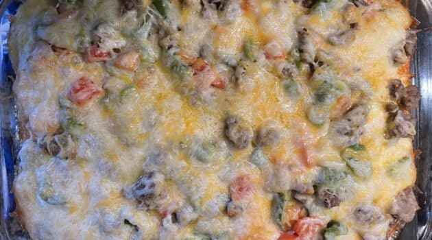 Pan of egg, sausage, peppers and cheese casserole