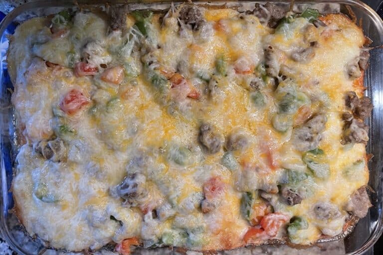 Pan of egg, sausage, peppers and cheese casserole