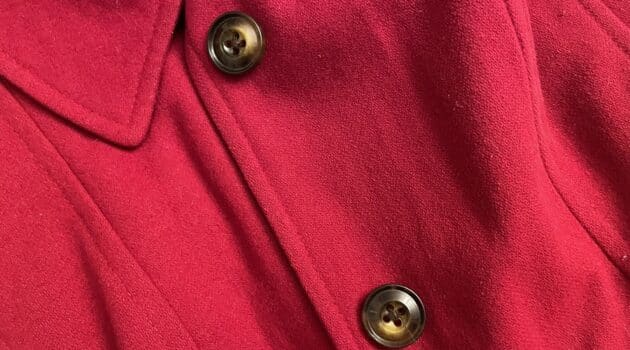 Image of two buttons on a red winter coat