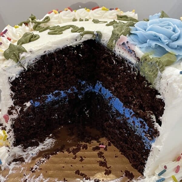 A chocolate cake with white frosting is sliced so you can see the blue frosting inside