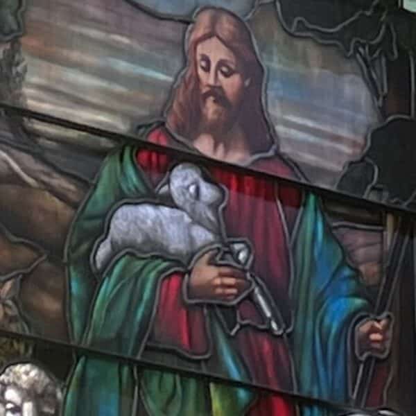 Stained glass window showing Jesus as the Good Shepherd, holding a lamb