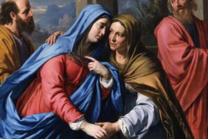 Painting of two women, Mary and Elizabeth, greeting each other in a 17th century painting
