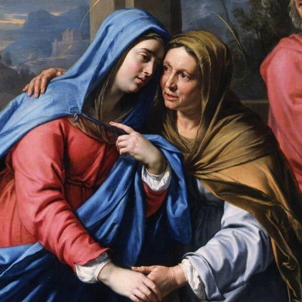 Painting of two women, Mary and Elizabeth, greeting each other in a 17th century painting