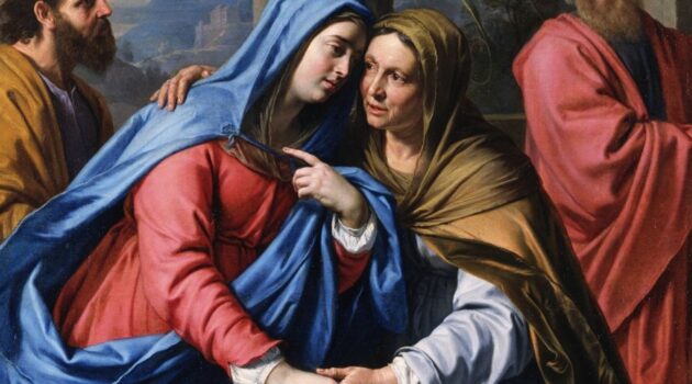 Painting of two women, Mary and Elizabeth, greeting each other in a 17th century painting