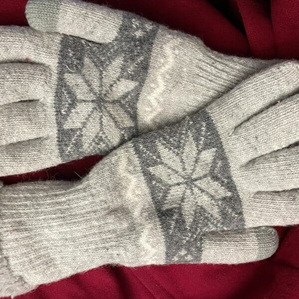 Gray and white gloves rest on part of a red coat