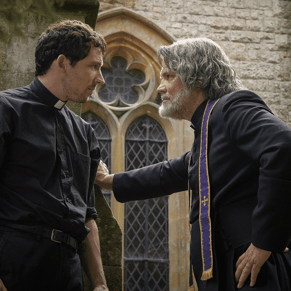Father Jud Duplenticy (Josh O'Connor), and Msgr. Jefferson Wicks (Josh Brolin) star in a scene from the movie "Wake Up Dead Man: A Knives Out Mystery."