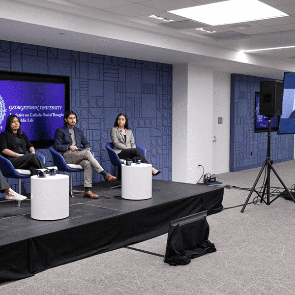 Paula Fitzgerald, Roxana Rueda Moreno, moderator Christian Soenen, and Rosa Reyes attend an in-person and live-streamed Latino leader gathering on "Making Life Unbearable: The Impacts of Immigration Enforcement on Families and Communities"