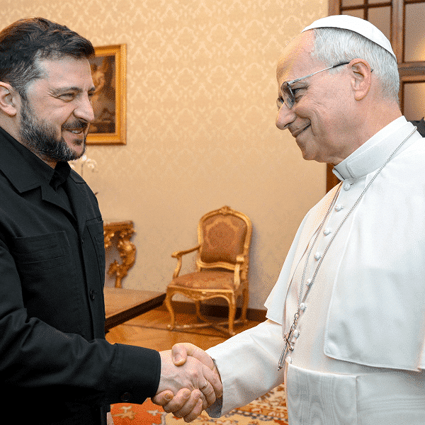 Ukrainian President Volodymyr Zelenskyy greets Pope Leo
