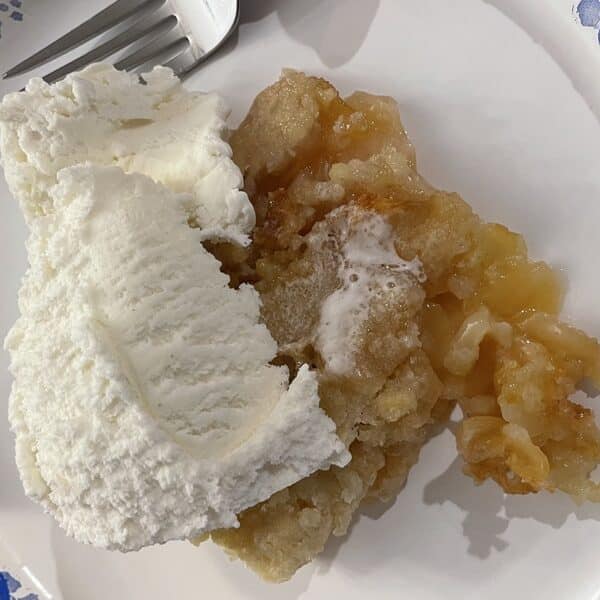 Apple crisp with vanilla ice cream on a paper plate