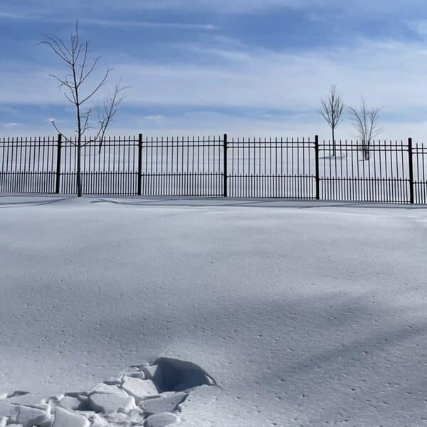 A snowy field with a fence under a blue sky