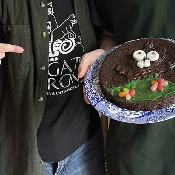 Hand pointing toward a groundhog cake