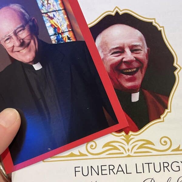 Prayer card and cover of funeral program for Msgr. Paul Cook